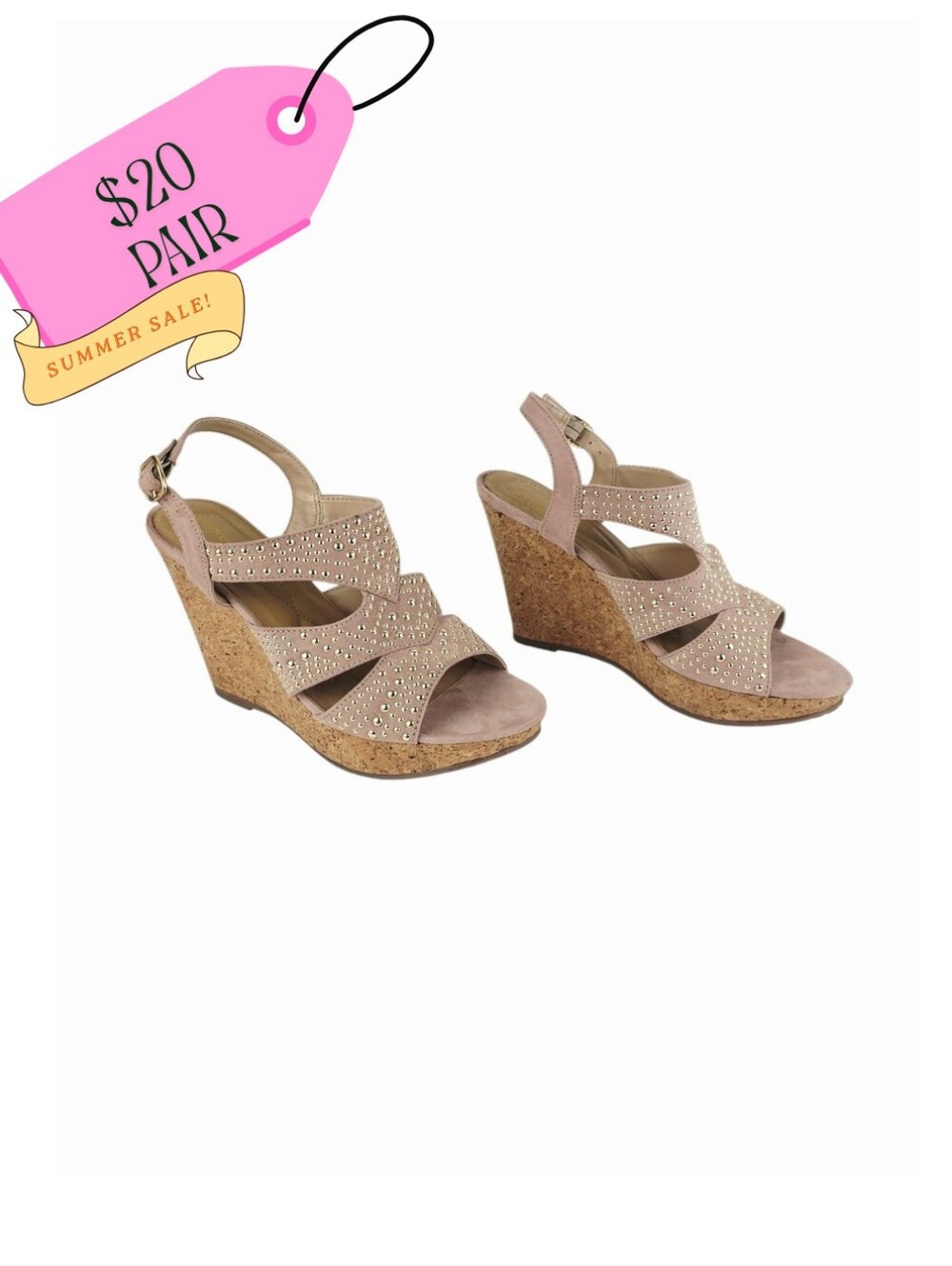Andrew Geller Taupe Studded Cork Wedge Sandals- 7.5